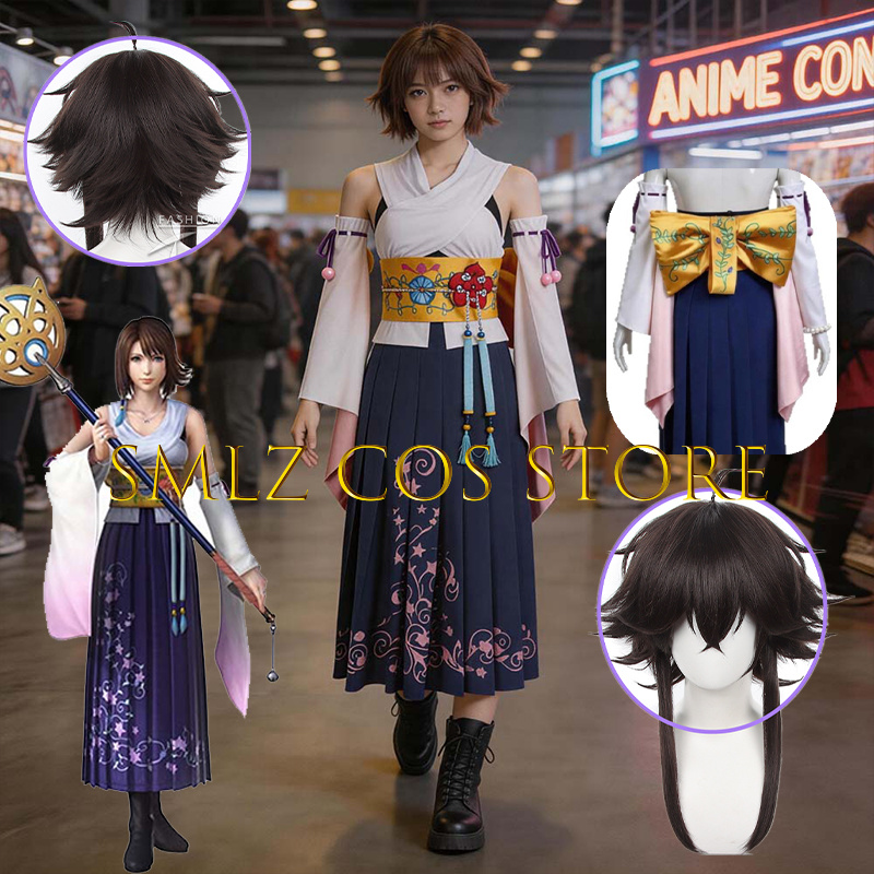 Prop De Cosplay - Smlz FFX ユナコスプレアニメ FF10 X 衣装女性あなたナ着物ドレス小道具ウィッグセットハロウィンパーティー演劇衣装